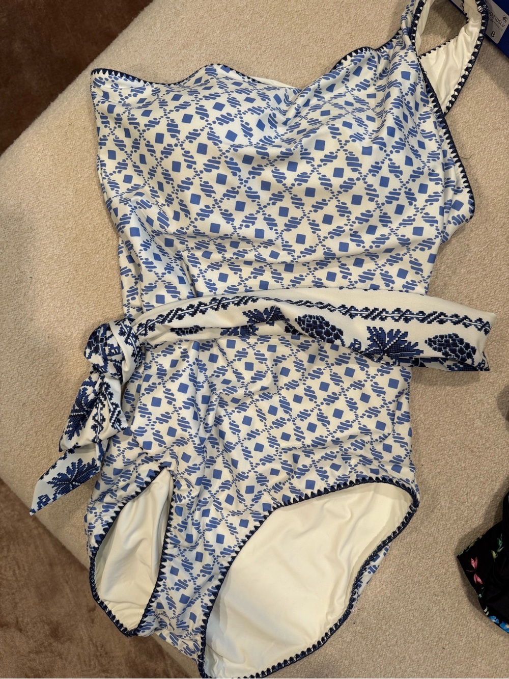 Hermoza White and Blue Patterned One-Piece with Waist Tie
